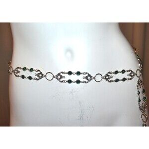 Vintage Chain Belt with Green Rhinestones and Key
